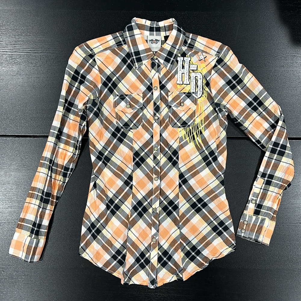 Harley-Davidson Women’s Orange and Black Plaid Shirt with Rhinestone Wing - XS - Picture 2 of 10